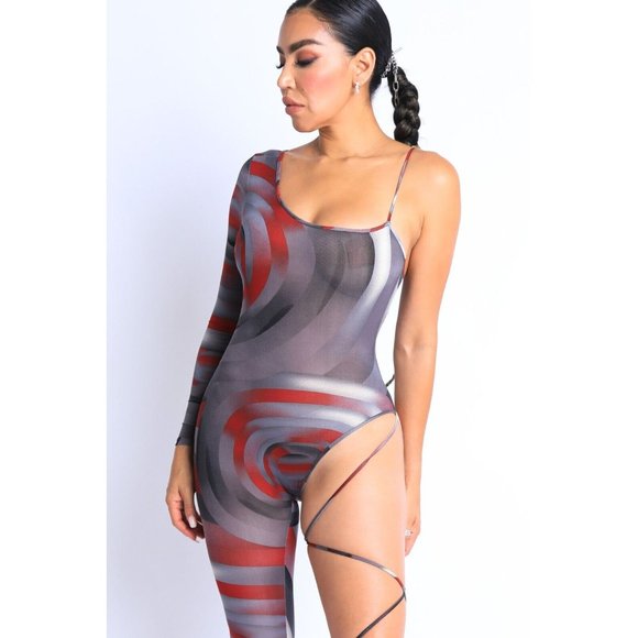 Women Paint Printed One Sleeve One Leg Tie Detailed Jumpsuit Sexy Jumpsuit - Picture 15 of 15